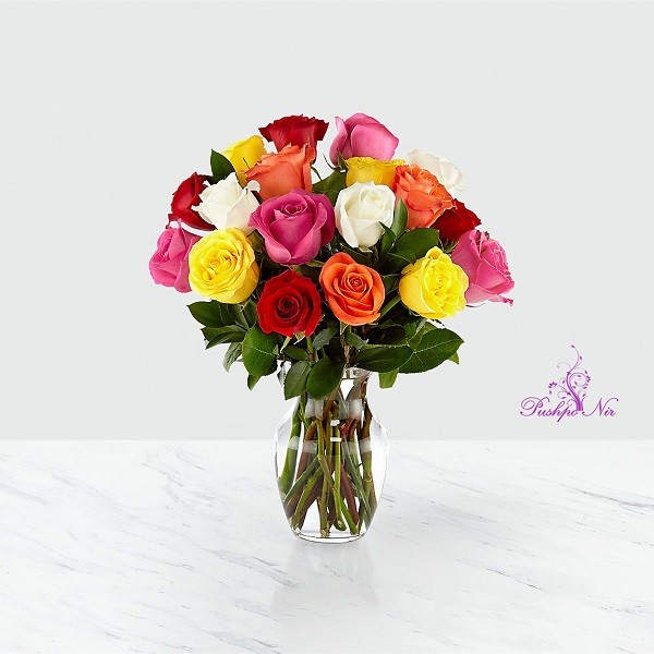 Mixed Roses Bunch With Vase